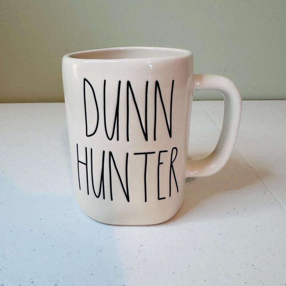 Rae Dunn "Dunn Hunter" Ceramic Coffee Mug White Black Text